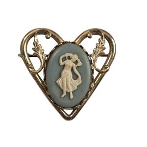 Vintage Gold Tone Heart Cameo Brooch Blue Classical Dancing Lady Pin 1.5 Inch